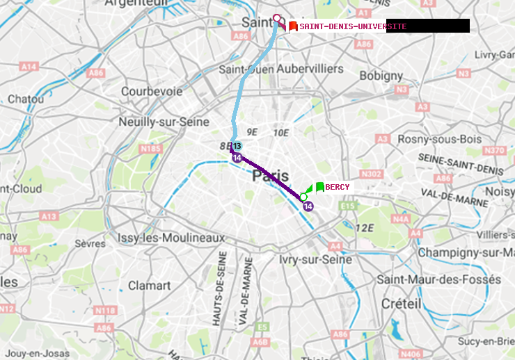 plan itinéraire ratp de Bercy à Saint-Denis-Universite