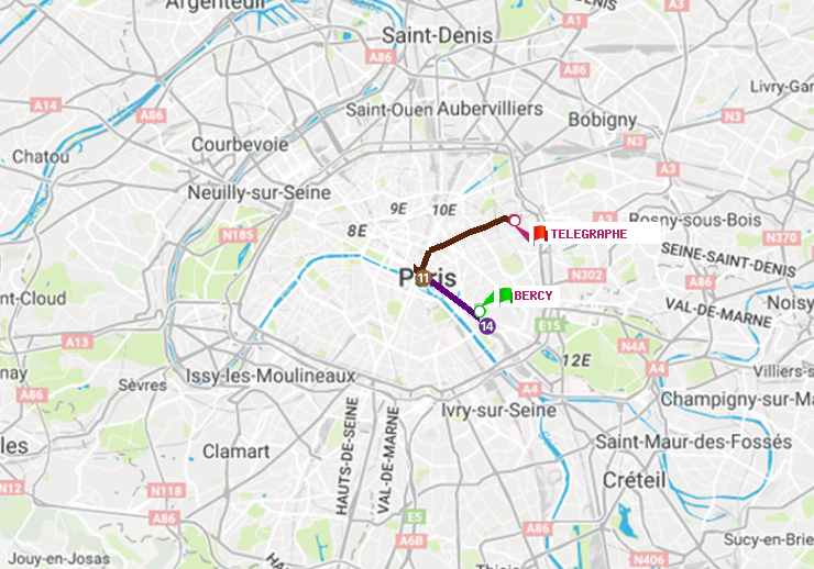 plan itinéraire ratp de Bercy à Telegraphe