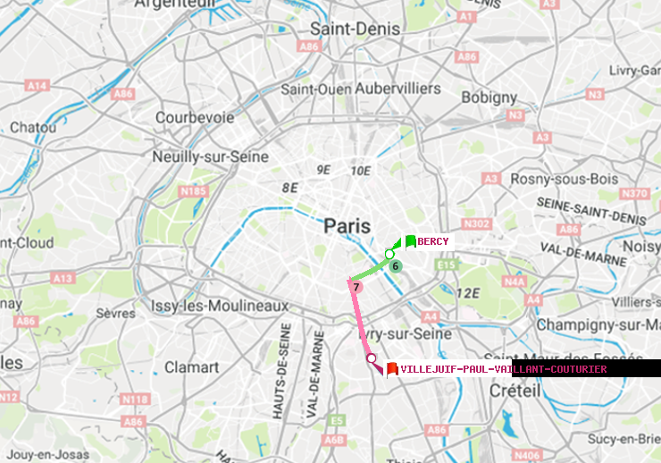 plan itinéraire ratp de Bercy à Villejuif-Paul Vaillant Couturier (Hôpital Paul Brousse)