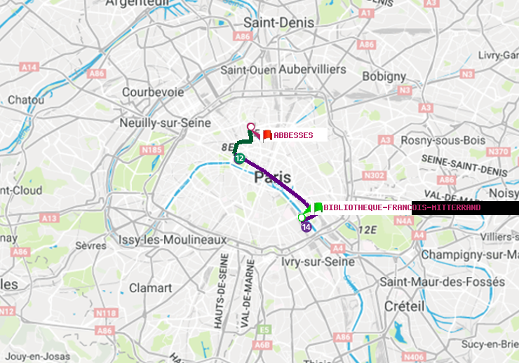 plan itinéraire ratp de Bibliotheque-Francois Mitterrand à Abbesses