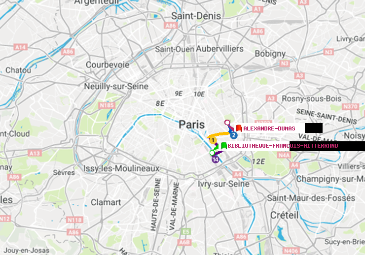 plan itinéraire ratp de Bibliotheque-Francois Mitterrand à Alexandre-Dumas