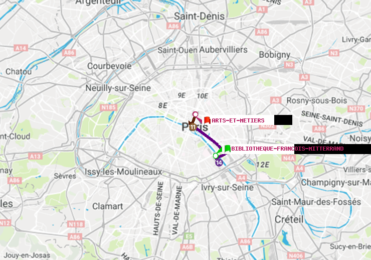 plan itinéraire ratp de Bibliotheque-Francois Mitterrand à Arts-et-Métiers