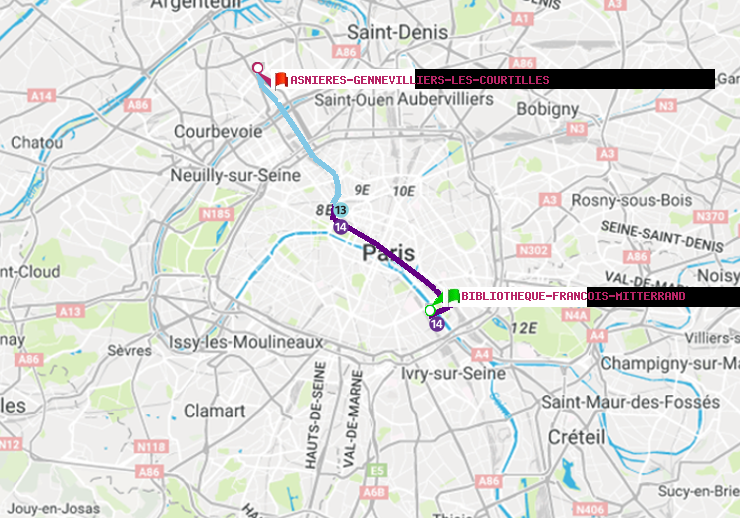 plan itinéraire ratp de Bibliotheque-Francois Mitterrand à Asnieres-Gennevilliers Les Courtilles