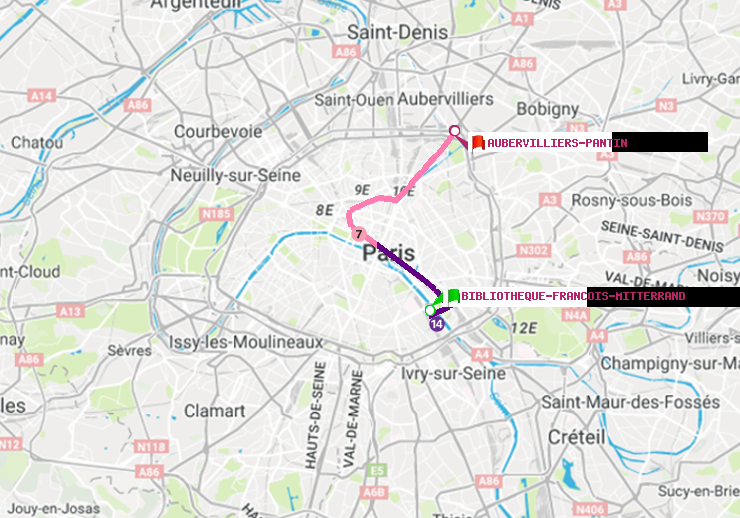 plan itinéraire ratp de Bibliotheque-Francois Mitterrand à Aubervilliers Pantin (4 Chemins)