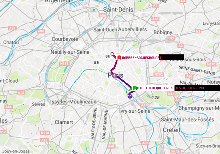 plan itinéraire ratp de Bibliotheque-Francois Mitterrand à Barbès-Rochechouart