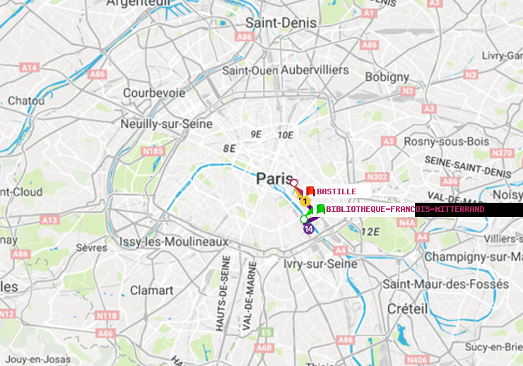 plan itinéraire ratp de Bibliotheque-Francois Mitterrand à Bastille