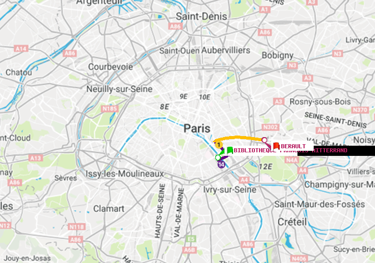 plan itinéraire ratp de Bibliotheque-Francois Mitterrand à Bérault