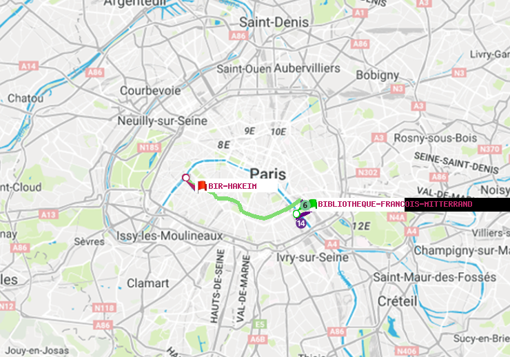 plan itinéraire ratp de Bibliotheque-Francois Mitterrand à Bir-Hakeim (Grenelle)