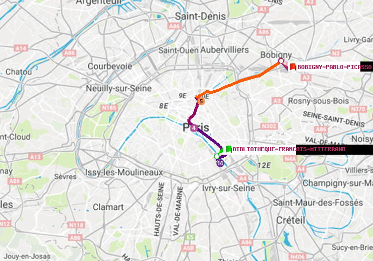 plan itinéraire ratp de Bibliotheque-Francois Mitterrand à Bobigny-Pablo-Picasso