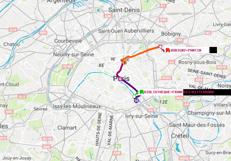 plan itinéraire ratp de Bibliotheque-Francois Mitterrand à Bobigny-Pantin (Raymond Queneau)