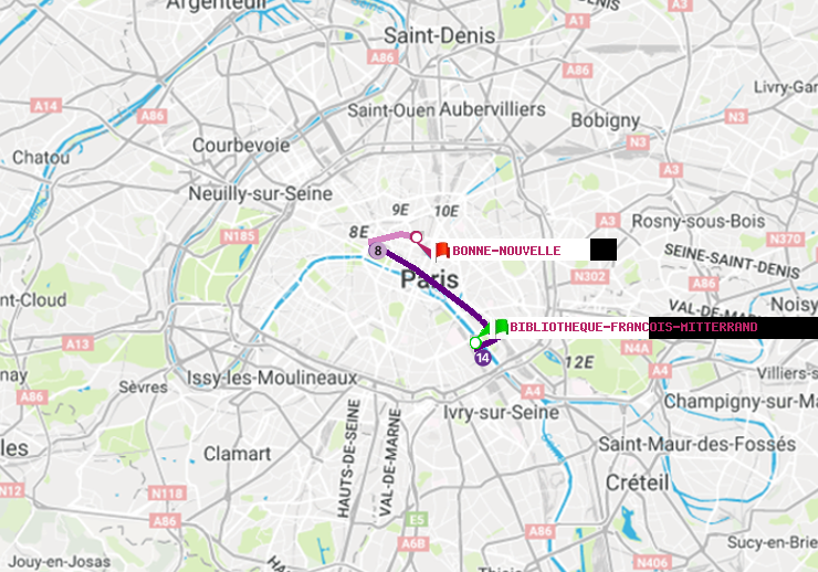 plan itinéraire ratp de Bibliotheque-Francois Mitterrand à Bonne Nouvelle