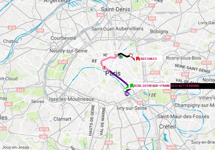 plan itinéraire ratp de Bibliotheque-Francois Mitterrand à Botzaris