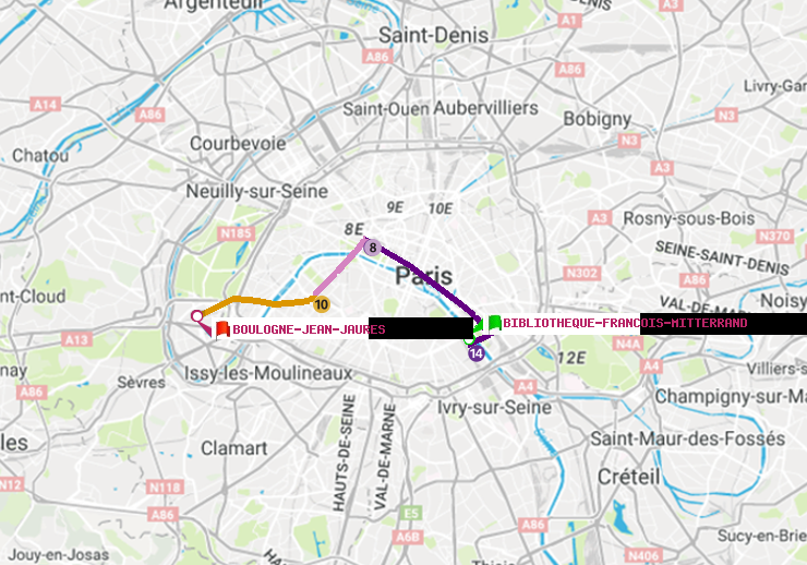 plan itinéraire ratp de Bibliotheque-Francois Mitterrand à Boulogne-Jean-Jaurès
