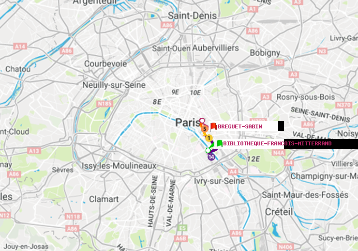 plan itinéraire ratp de Bibliotheque-Francois Mitterrand à Bréguet-Sabin