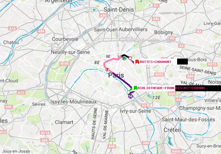 plan itinéraire ratp de Bibliotheque-Francois Mitterrand à Buttes-Chaumont