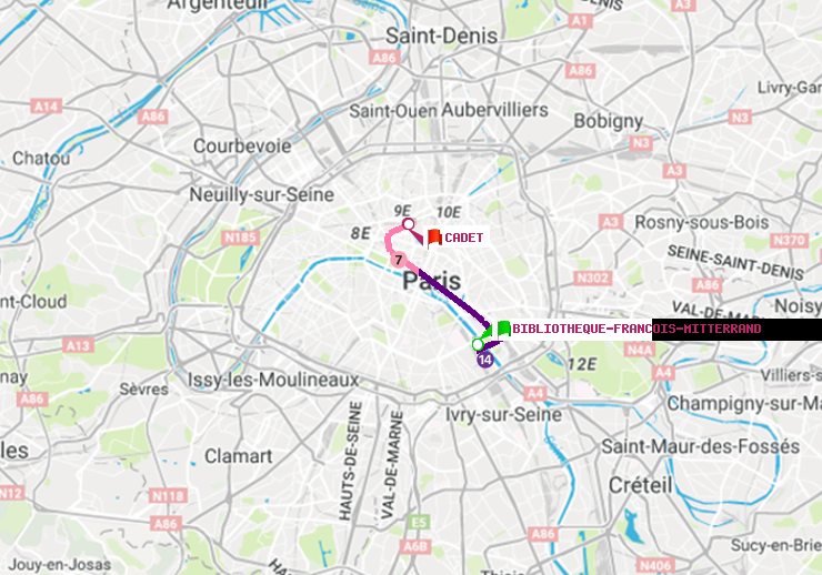 plan itinéraire ratp de Bibliotheque-Francois Mitterrand à Cadet