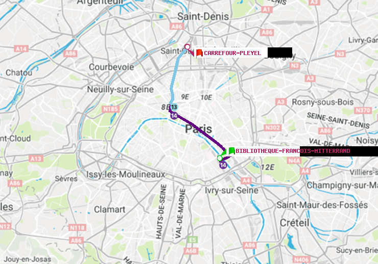 plan itinéraire ratp de Bibliotheque-Francois Mitterrand à Carrefour-Pleyel