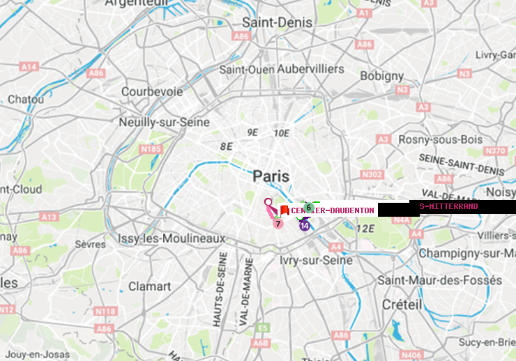 plan itinéraire ratp de Bibliotheque-Francois Mitterrand à Censier-Daubenton