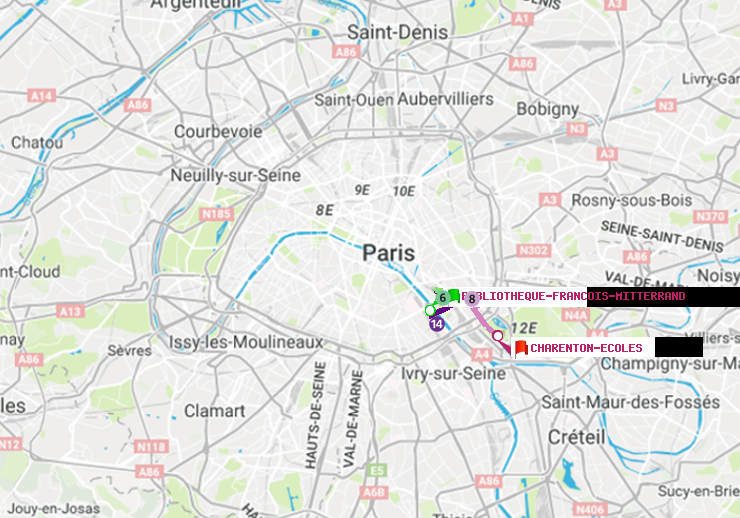 plan itinéraire ratp de Bibliotheque-Francois Mitterrand à Charenton-Ecoles
