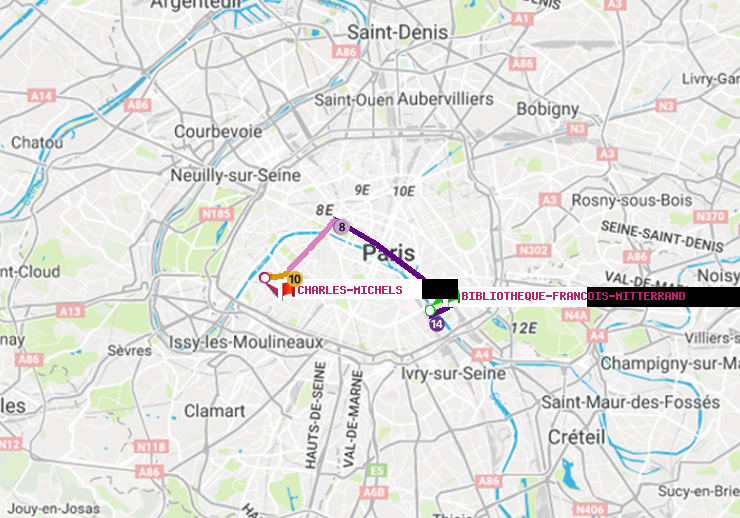plan itinéraire ratp de Bibliotheque-Francois Mitterrand à Charles Michels