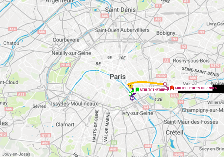 plan itinéraire ratp de Bibliotheque-Francois Mitterrand à Château de Vincennes