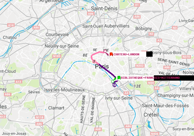 plan itinéraire ratp de Bibliotheque-Francois Mitterrand à Château Landon