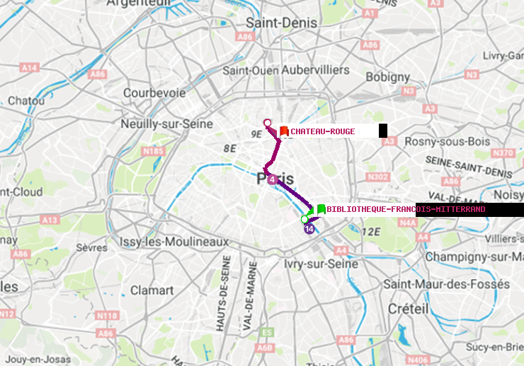 plan itinéraire ratp de Bibliotheque-Francois Mitterrand à Château Rouge