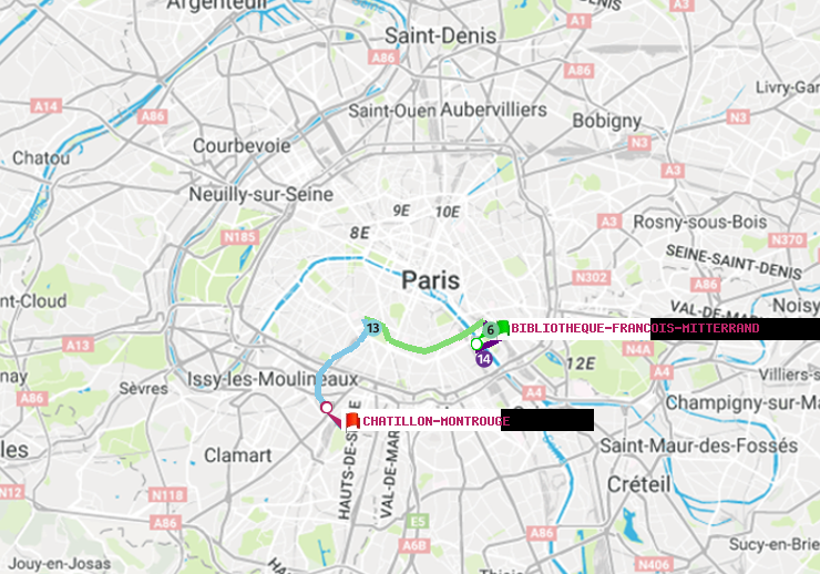 plan itinéraire ratp de Bibliotheque-Francois Mitterrand à Châtillon Montrouge