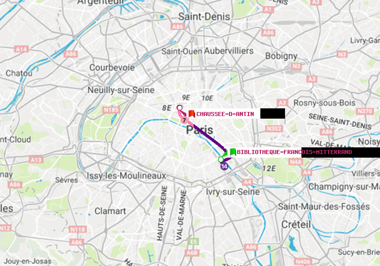 plan itinéraire ratp de Bibliotheque-Francois Mitterrand à Chaussée d