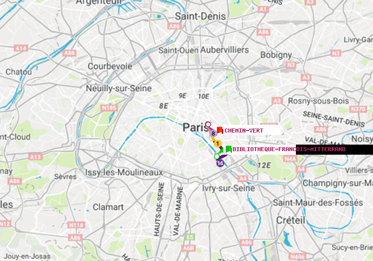 plan itinéraire ratp de Bibliotheque-Francois Mitterrand à Chemin Vert