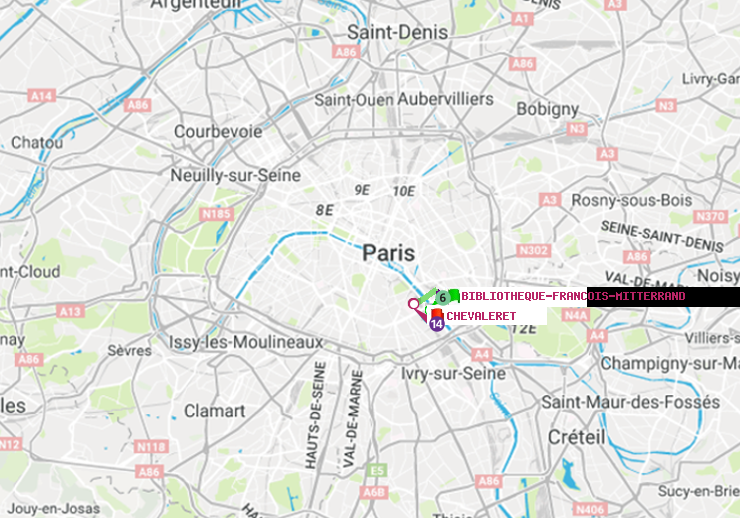 plan itinéraire ratp de Bibliotheque-Francois Mitterrand à Chevaleret