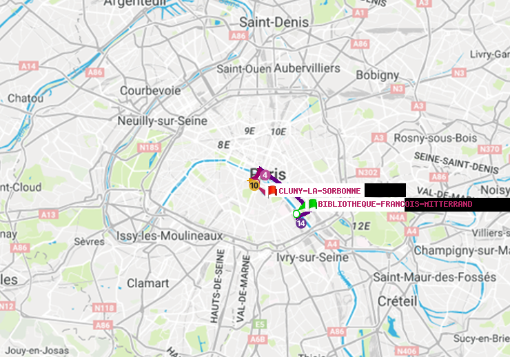 plan itinéraire ratp de Bibliotheque-Francois Mitterrand à Cluny-La Sorbonne