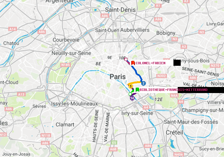 plan itinéraire ratp de Bibliotheque-Francois Mitterrand à Colonel Fabien