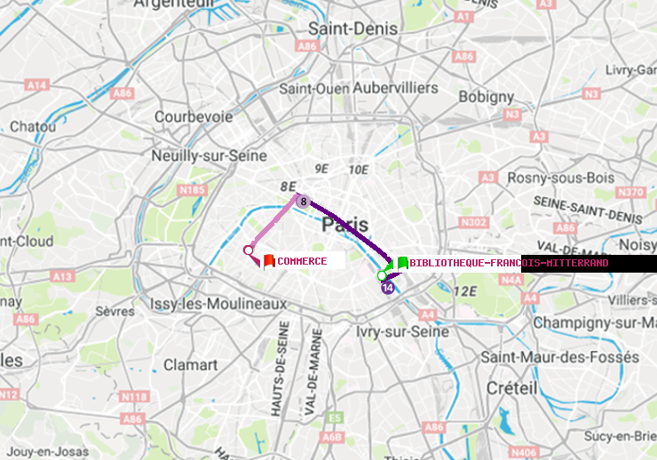 plan itinéraire ratp de Bibliotheque-Francois Mitterrand à Commerce