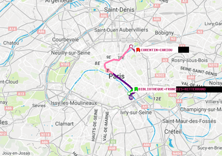 plan itinéraire ratp de Bibliotheque-Francois Mitterrand à Corentin-Cariou