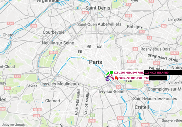 plan itinéraire ratp de Bibliotheque-Francois Mitterrand à Cour Saint-Emilion