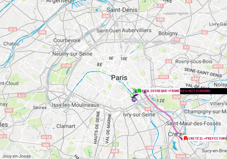 plan itinéraire ratp de Bibliotheque-Francois Mitterrand à Créteil-Préfecture (Hôtel de Ville)