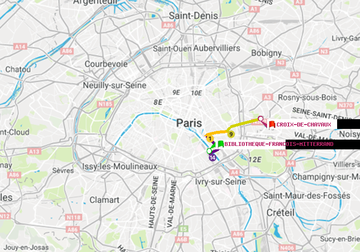 plan itinéraire ratp de Bibliotheque-Francois Mitterrand à Croix-de-Chavaux (Jacques Duclos)