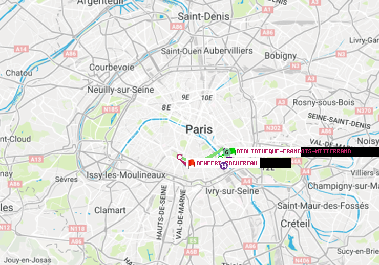 plan itinéraire ratp de Bibliotheque-Francois Mitterrand à Denfert-Rochereau