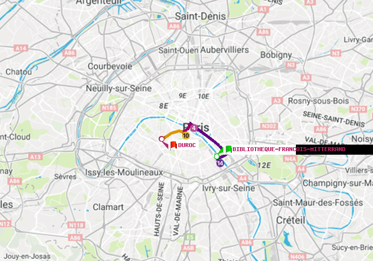 plan itinéraire ratp de Bibliotheque-Francois Mitterrand à Duroc