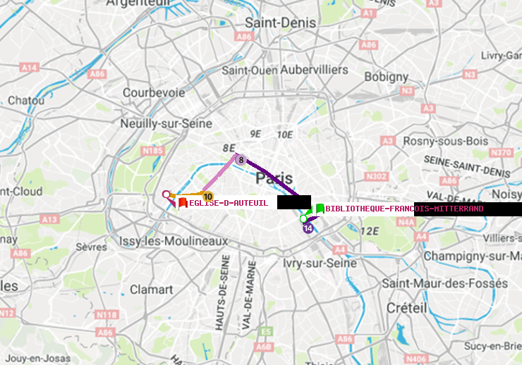 plan itinéraire ratp de Bibliotheque-Francois Mitterrand à Eglise d