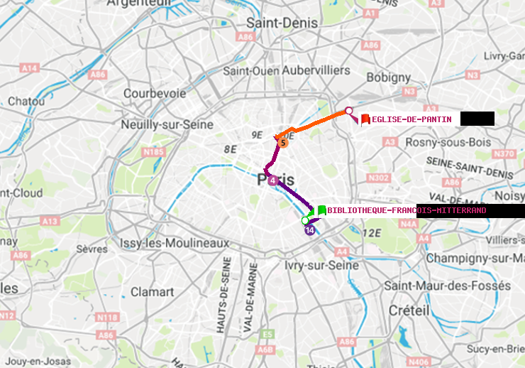 plan itinéraire ratp de Bibliotheque-Francois Mitterrand à Eglise de Pantin