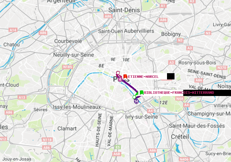 plan itinéraire ratp de Bibliotheque-Francois Mitterrand à Etienne Marcel