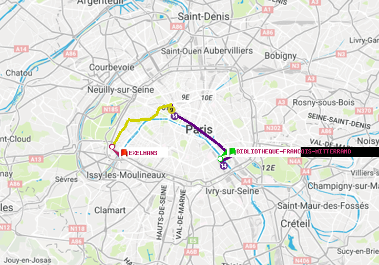 plan itinéraire ratp de Bibliotheque-Francois Mitterrand à Exelmans