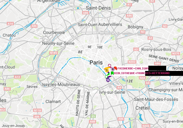 plan itinéraire ratp de Bibliotheque-Francois Mitterrand à Faidherbe-Chaligny