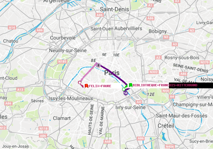 plan itinéraire ratp de Bibliotheque-Francois Mitterrand à Félix Faure