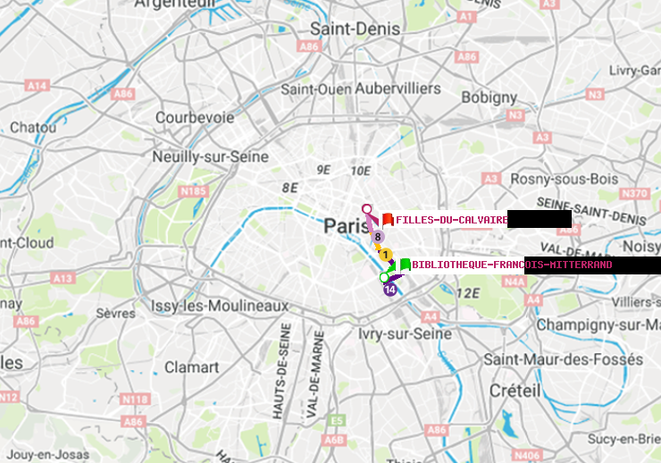 plan itinéraire ratp de Bibliotheque-Francois Mitterrand à Filles du Calvaire