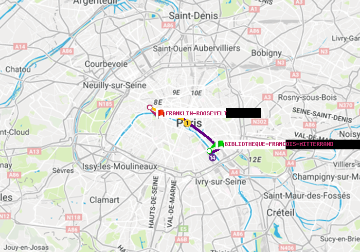 plan itinéraire ratp de Bibliotheque-Francois Mitterrand à Franklin-Roosevelt
