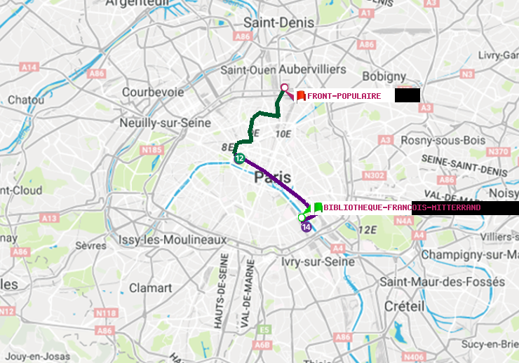 plan itinéraire ratp de Bibliotheque-Francois Mitterrand à Front Populaire
