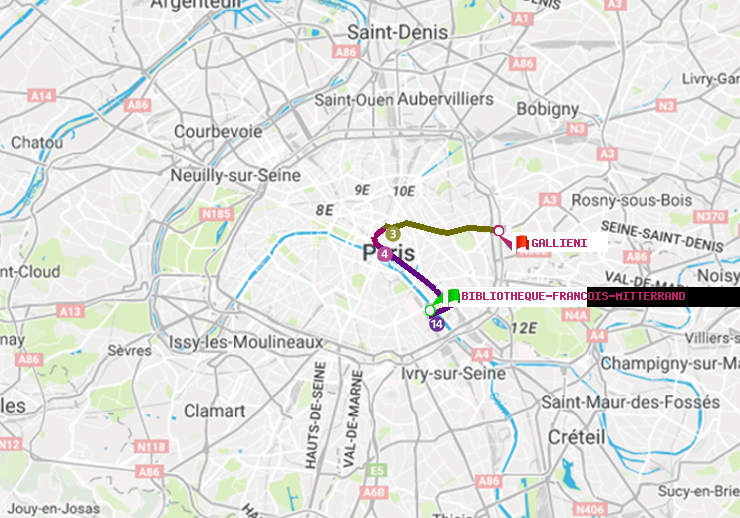 plan itinéraire ratp de Bibliotheque-Francois Mitterrand à Gallieni (Parc de Bagnolet)